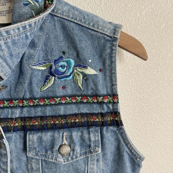 Vtg Y2K Bill Blass Vest Womens Small Blue Embroidered Festival Boho Hippie Denim - Picture 6 of 16